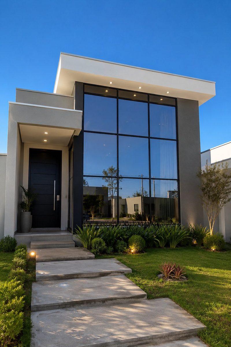 Fachada residencial em pele de vidro com perfil preto