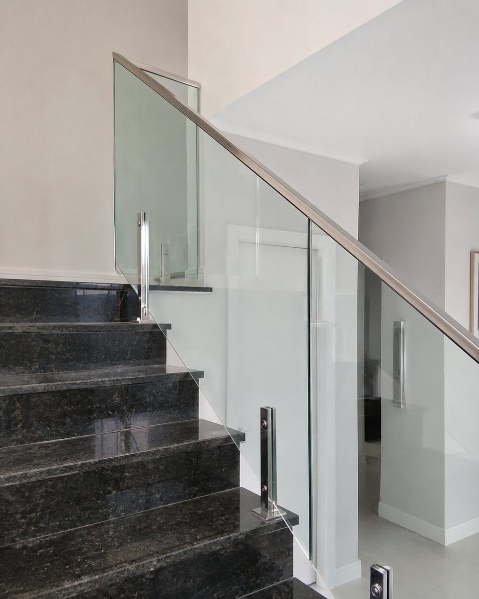 Guarda-corpo de vidro em escada com corrimão de inox