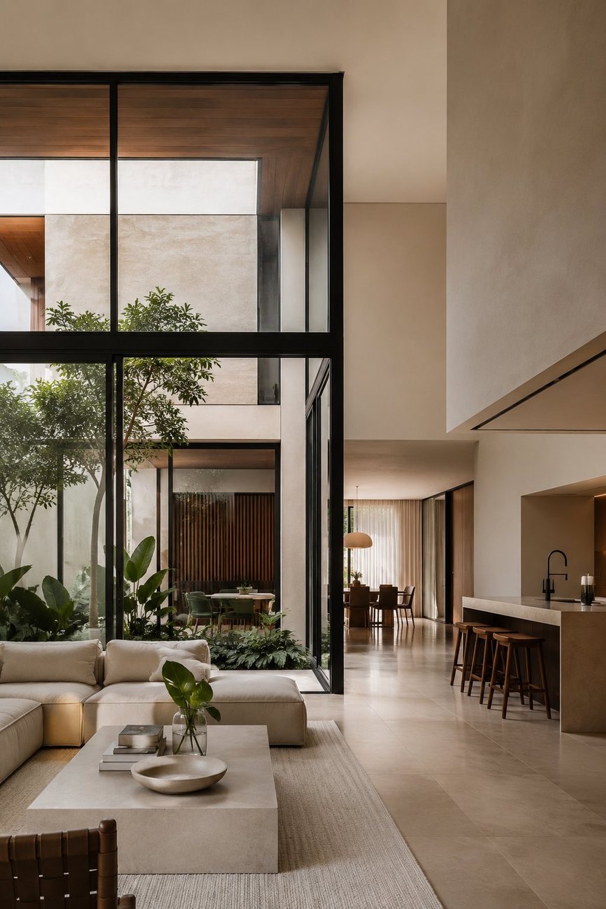 Sala de pé-direito duplo integrada ao jardim por grandes panos de vidro