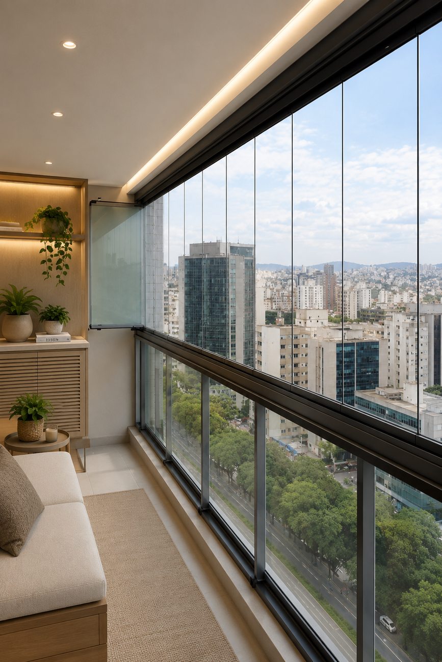 Cortina de vidro com perfil preto em varanda integrada à sala